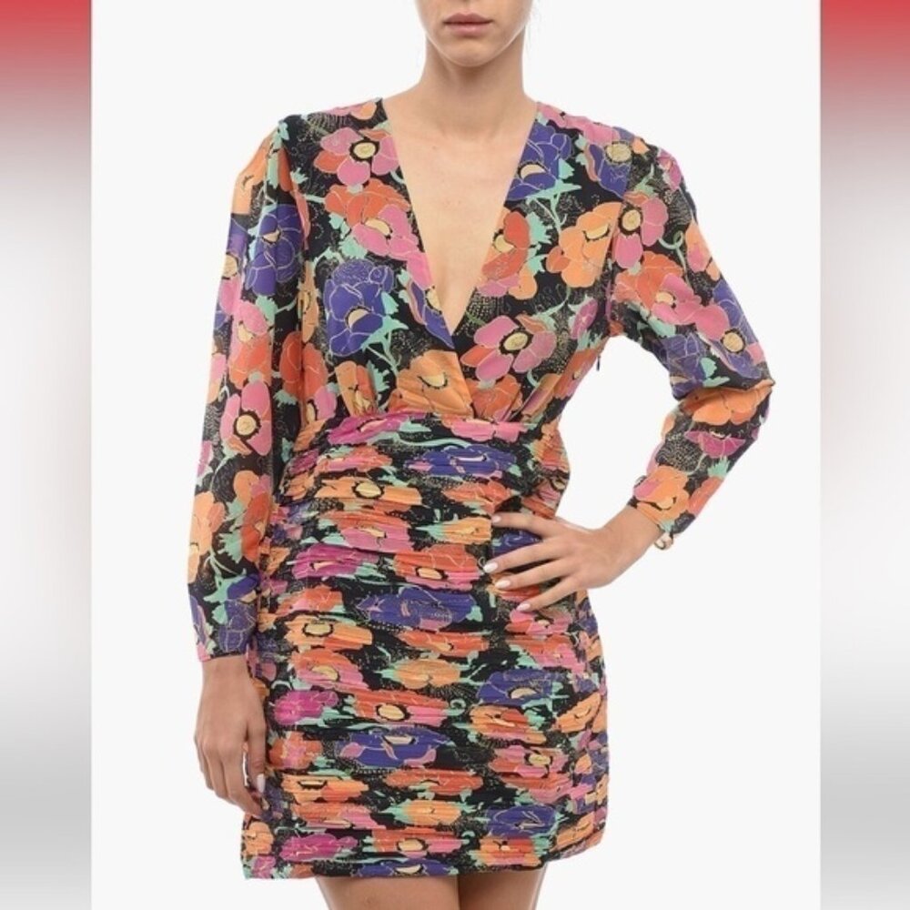 RIXO FLORALPRINTED EMPIRE MINI DRESS WITH GLITTER M